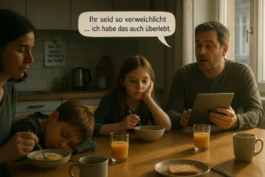 Survivorship bias - Bild einer Familie. Kinder müde am Frühstückstisch, Vater sagt: Ihr seid so verweichlicht ... ich habe das auch überlebt!