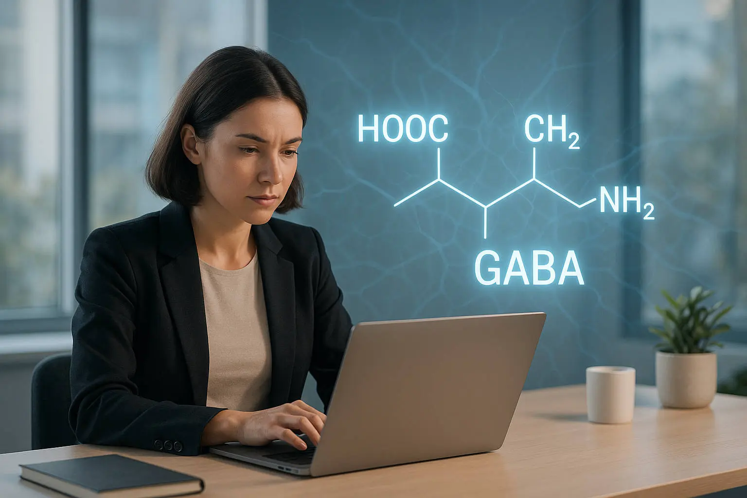 GABA - Eine Frau am Laptop und die chemische Formel vom Gaba hängt im Raum - KI generiert
