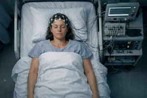 KI-Prognose - Studien-Teilnehmerin ilieg im Bett und ist verkabelt.