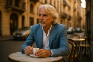 Longevity - Michael sitzt im Cafe - KI generiert