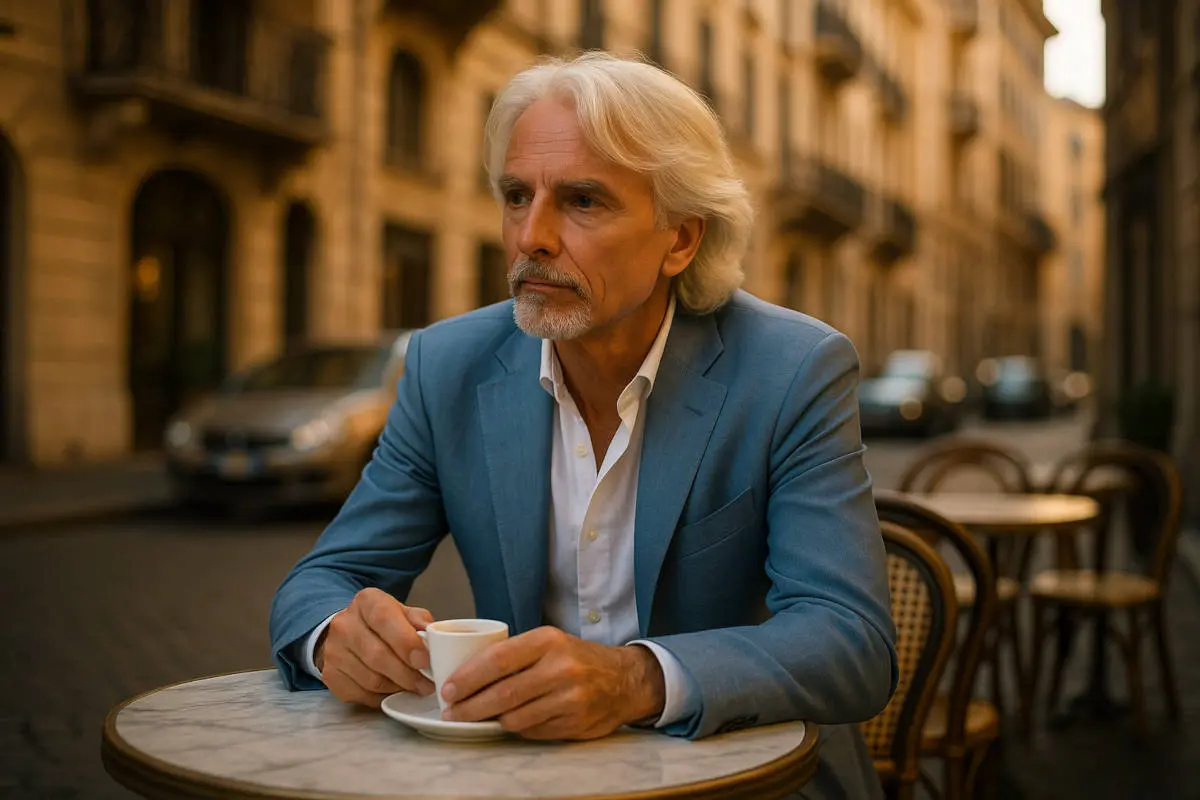 Longevity - Michael sitzt im Cafe - KI generiert